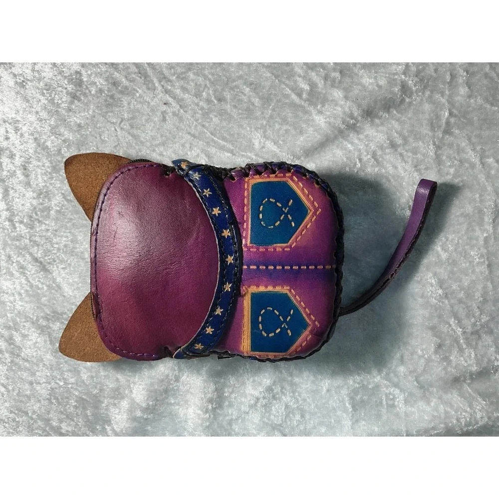 Hand Painted Leather 3D Cat Coin Purse Wristlet Purple Whimsical Kitty Zipper